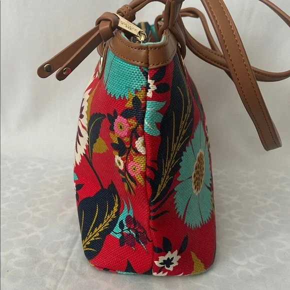 Spartina 449 Vibrant Red Floral Brown Leather Accents/Trim Tote Bag Purse 🌺🌺 - Picture 3 of 14